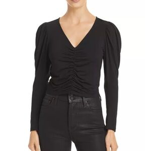 FRAME Agnes Puff-Sleeve Ruched Knit Top in Noir – Size M, NWT